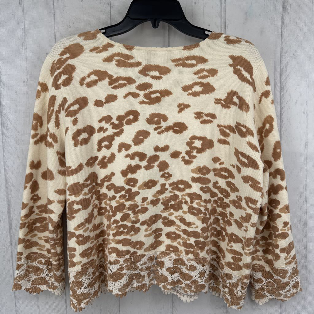 L animal print lace hem open front cardi