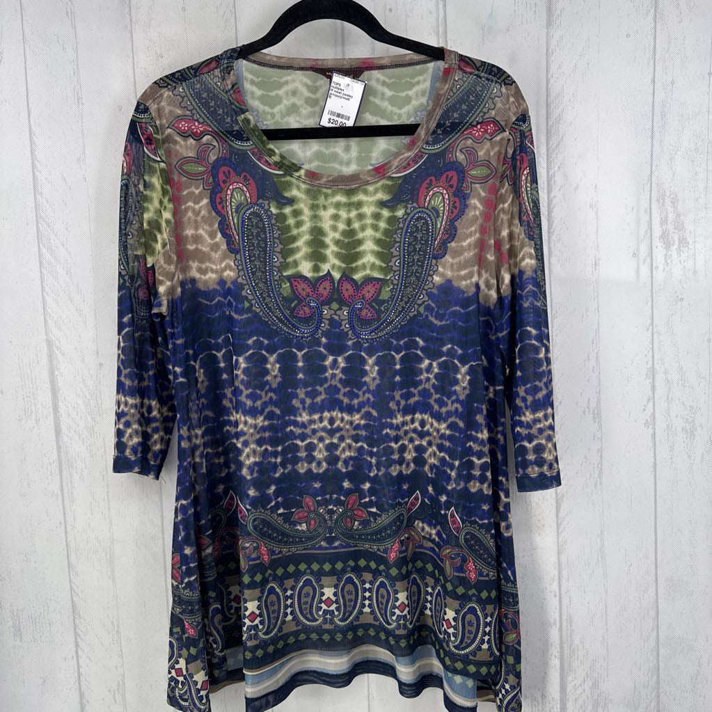 M mesh paisley print elbow slv top