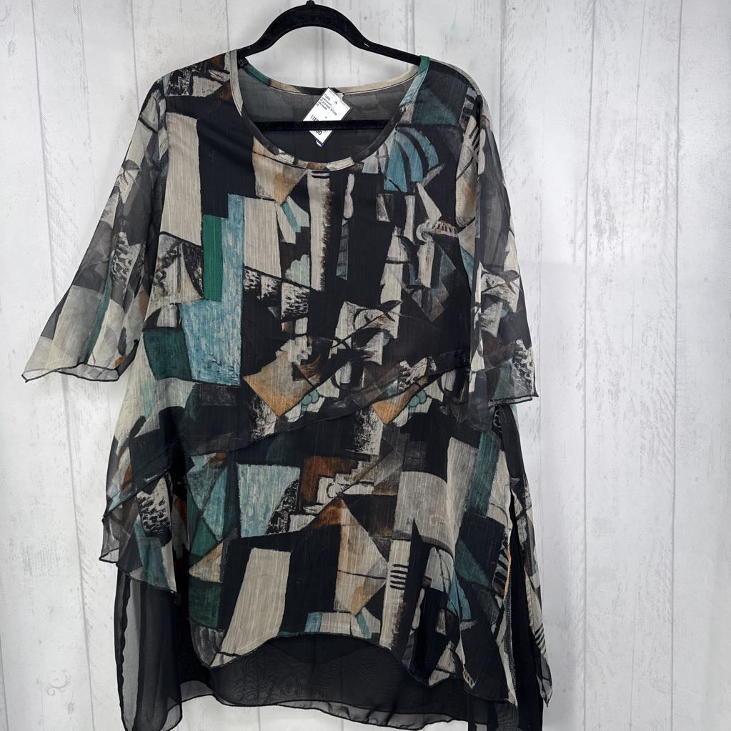 M printed scoop neck elbow slv tunic