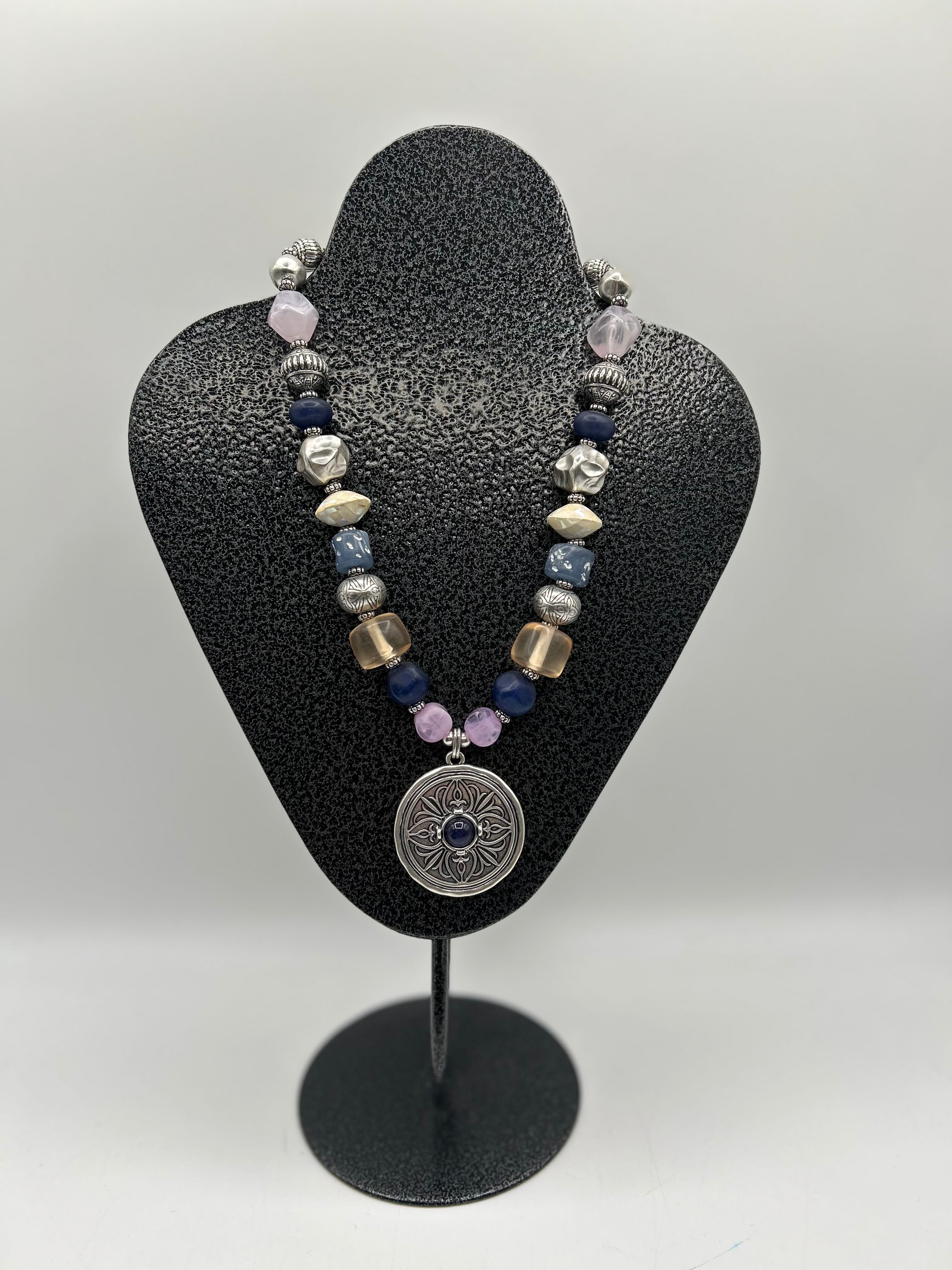 12" beaded silver medallion pendant necklace