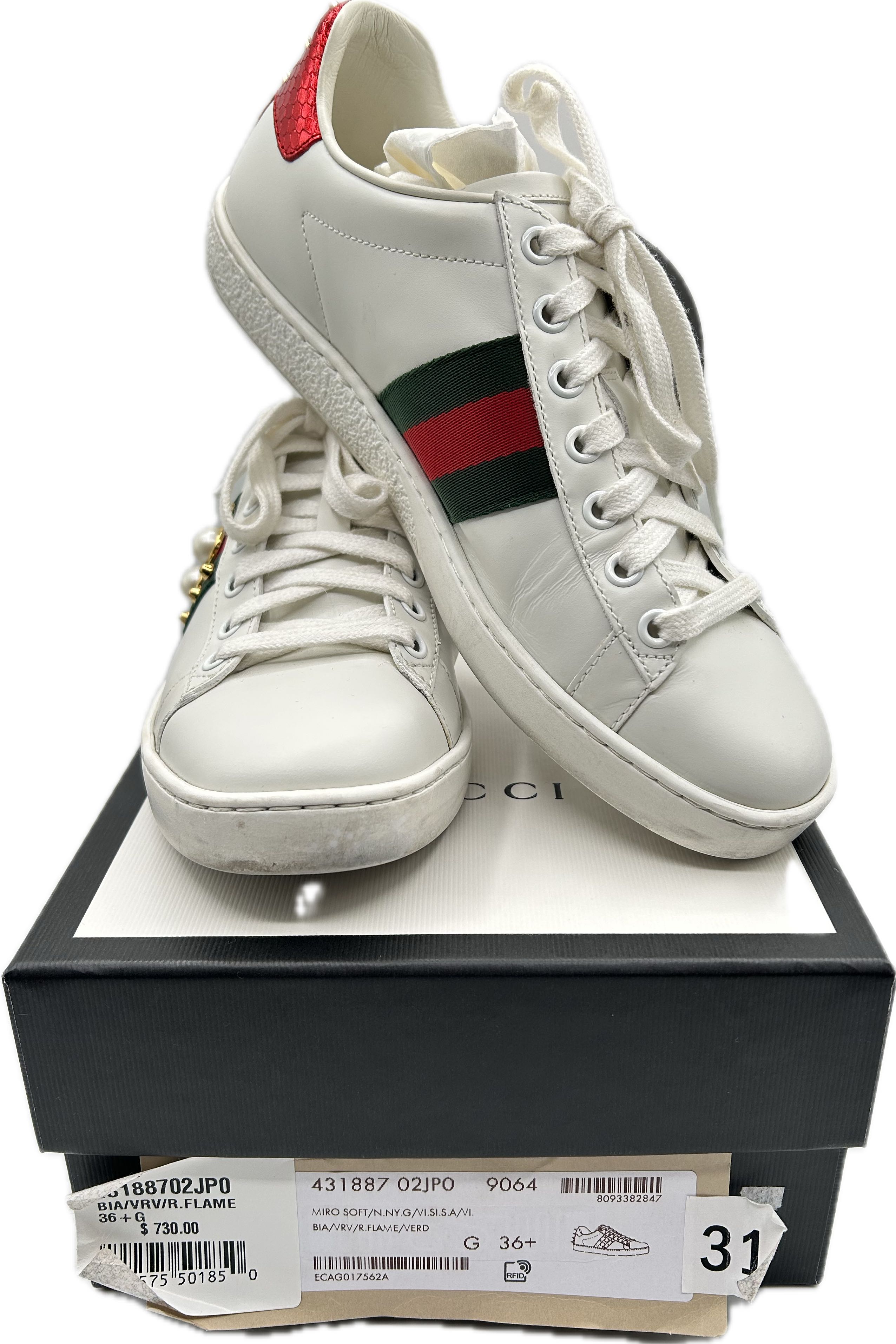 Gucci White Leather Pearl Embellished Ace Low Top Sneakers size 6.5