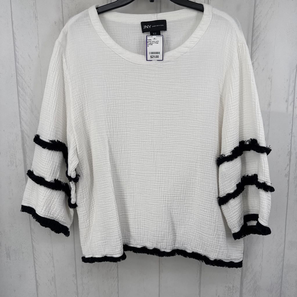 1X gauze fringe accent 3/4 slv top