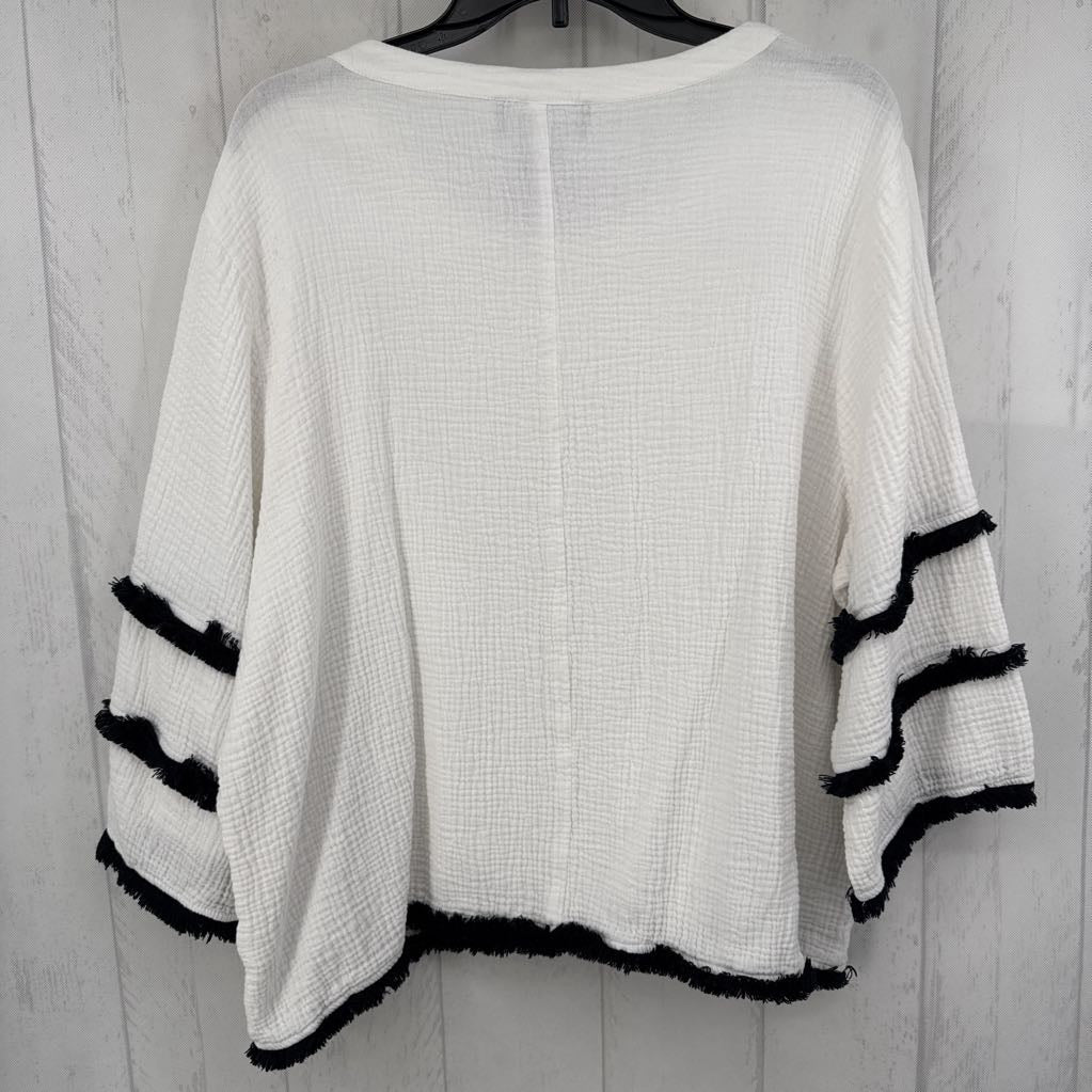 1X gauze fringe accent 3/4 slv top