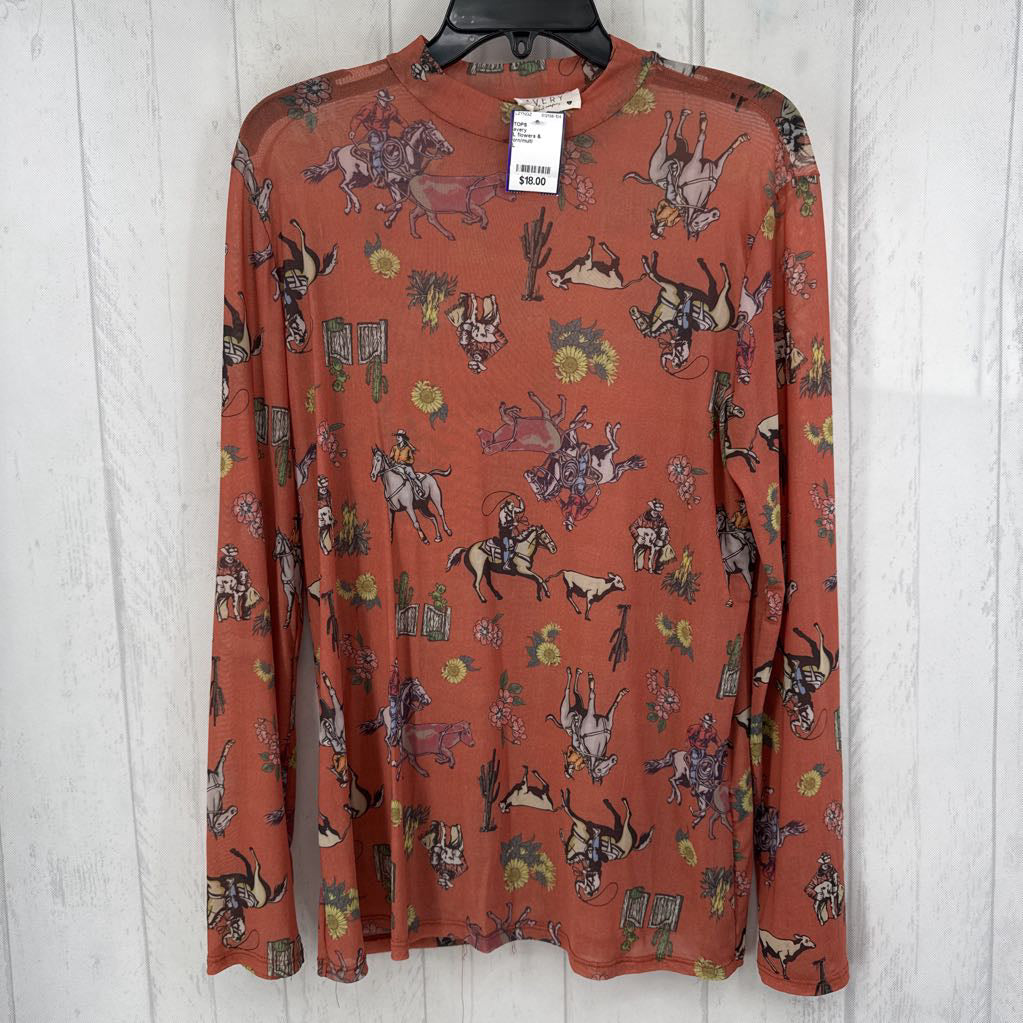 L flowers & cowboys mesh l/s top