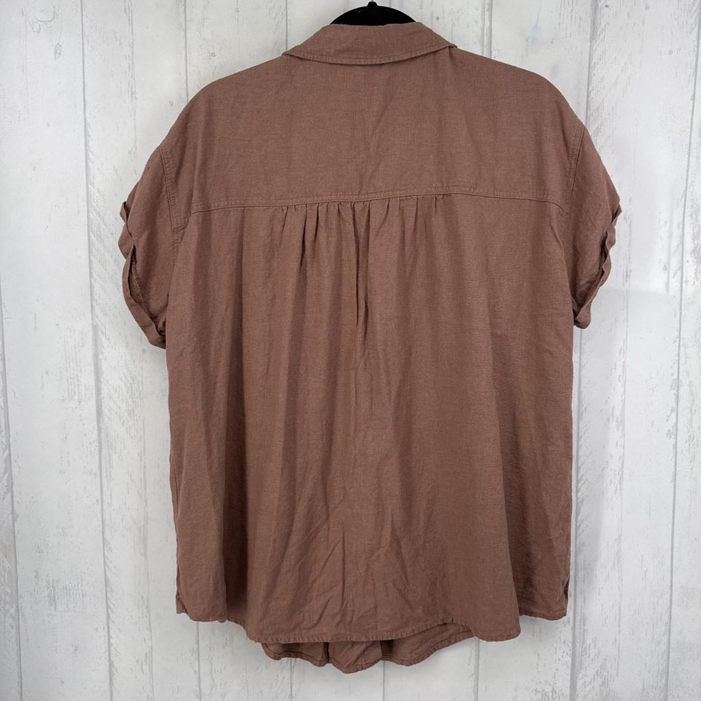 1X linen blend button down s/s top