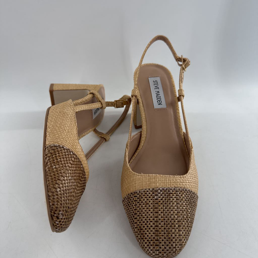 8 raffia woen chunky heel slingbacks