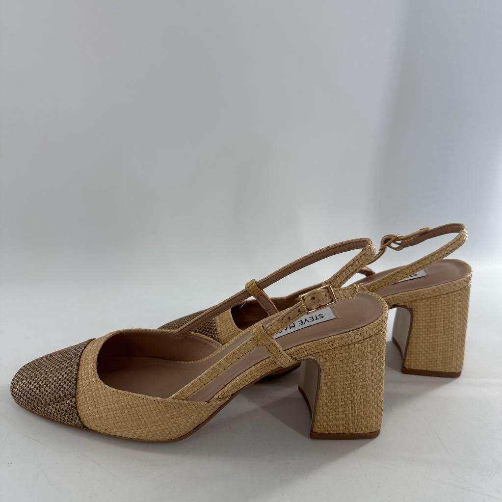8 raffia woen chunky heel slingbacks