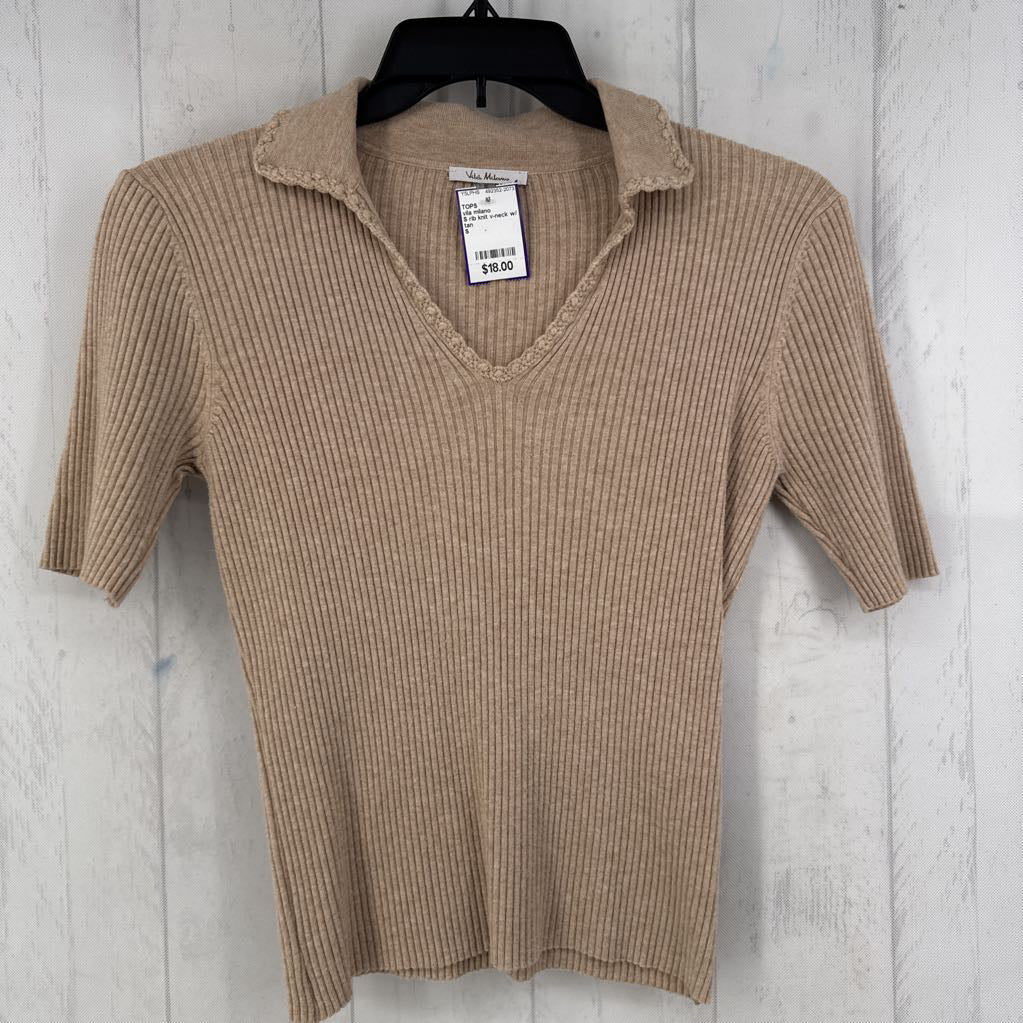 S rib knit v-neck w/ collar s/s top