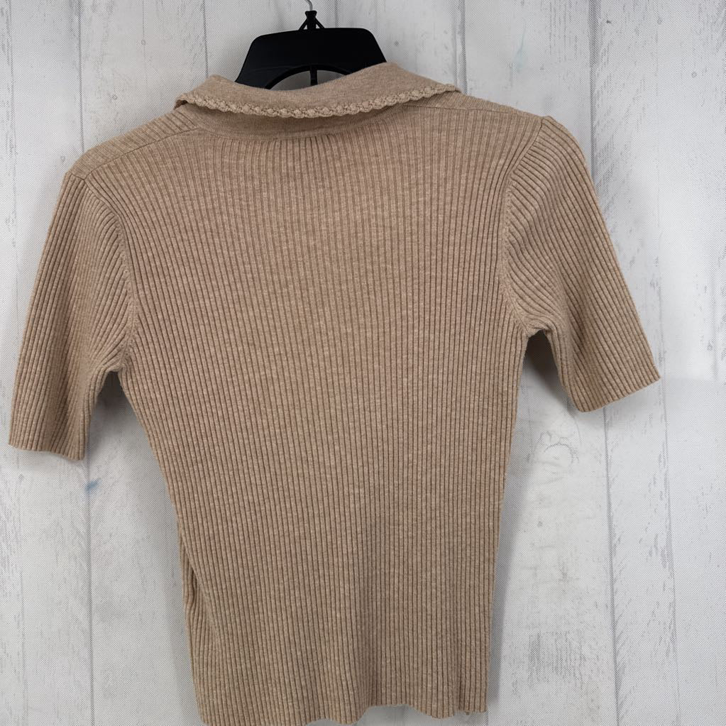 S rib knit v-neck w/ collar s/s top