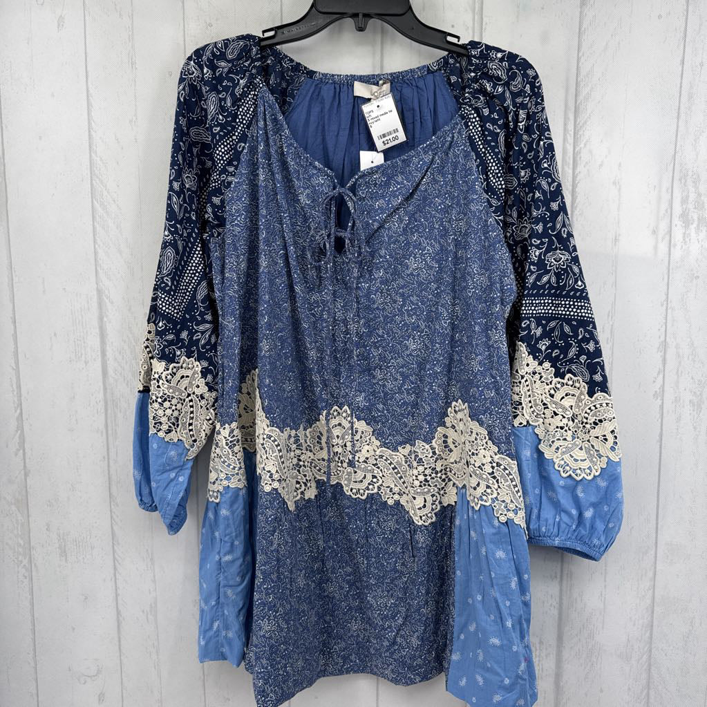 S mixed media tie front l/s top