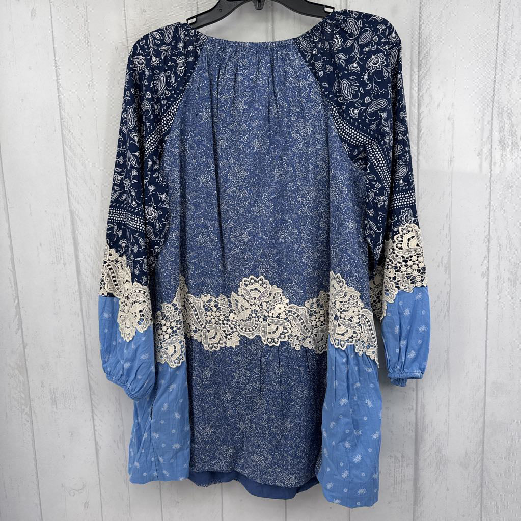 S mixed media tie front l/s top