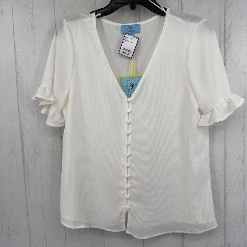 S button front ruffled elbow slv top