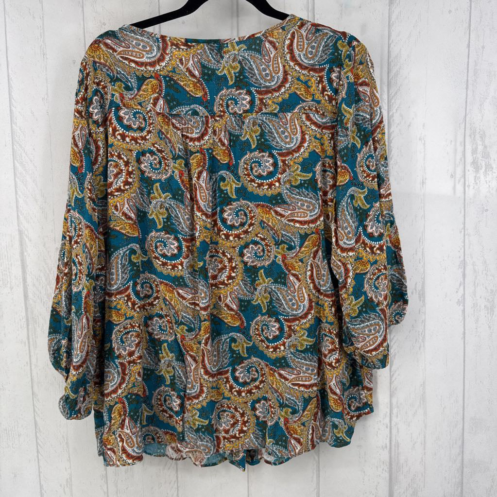3X paisley print button down elbow slv top