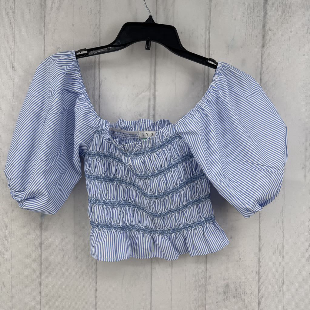 M striped smocked elbow slv top