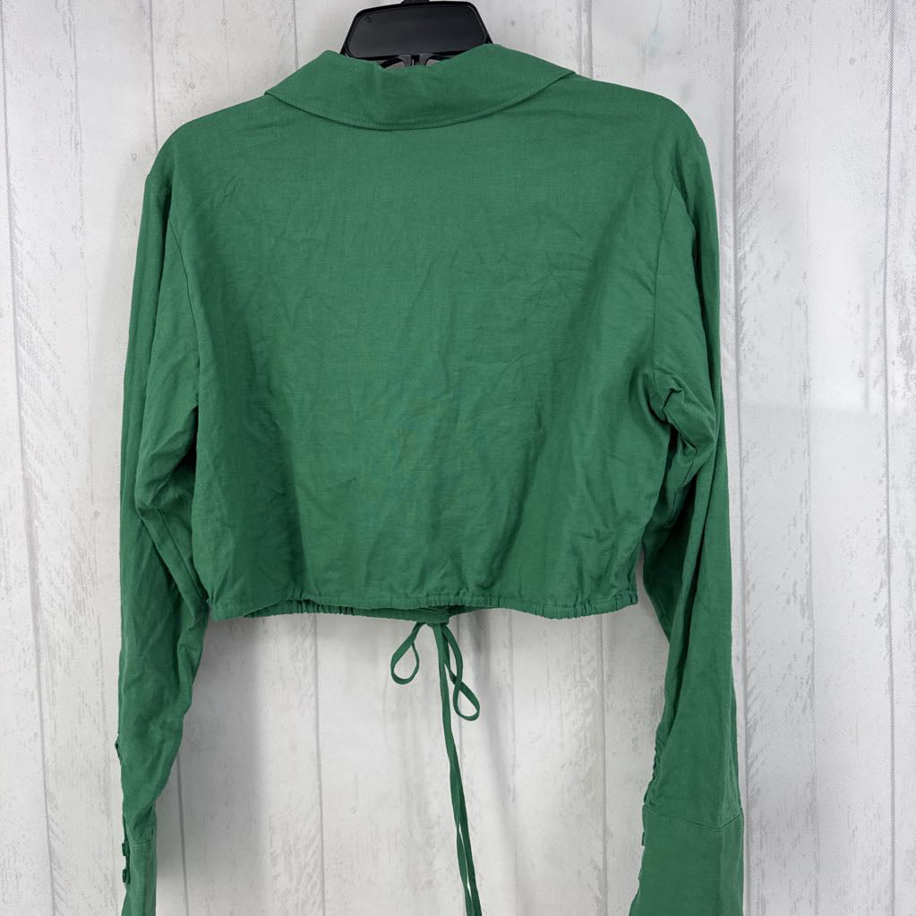 M linen blend button down l/s crop top