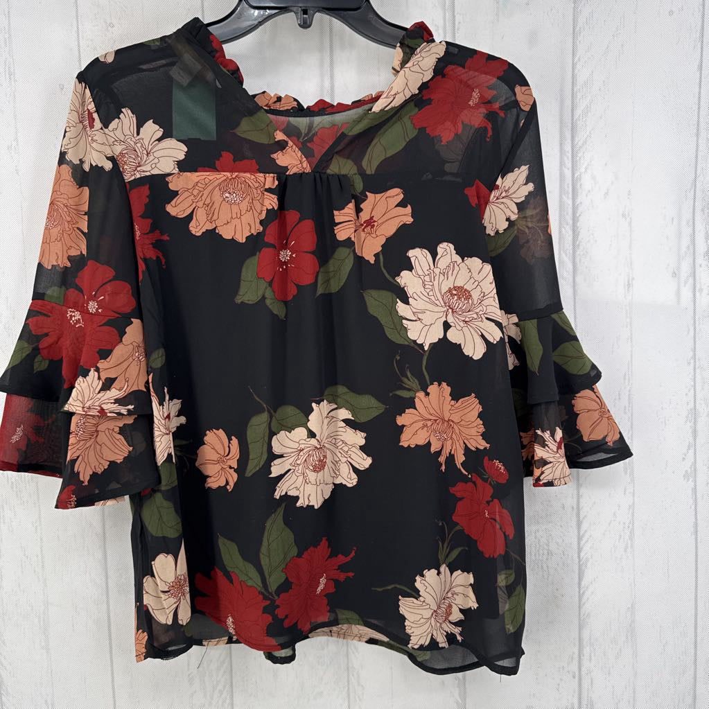 M flo print ruffled slv top