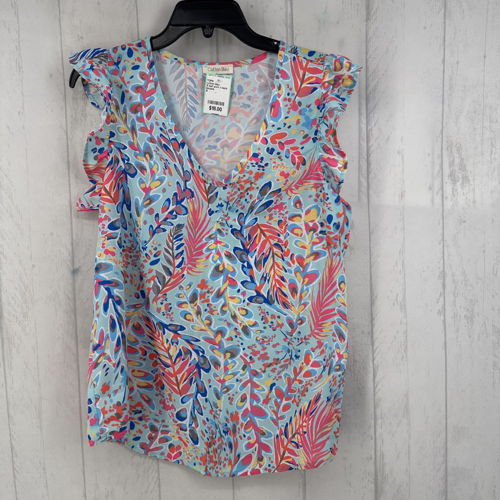 S leaf print v-neck flutter slv top