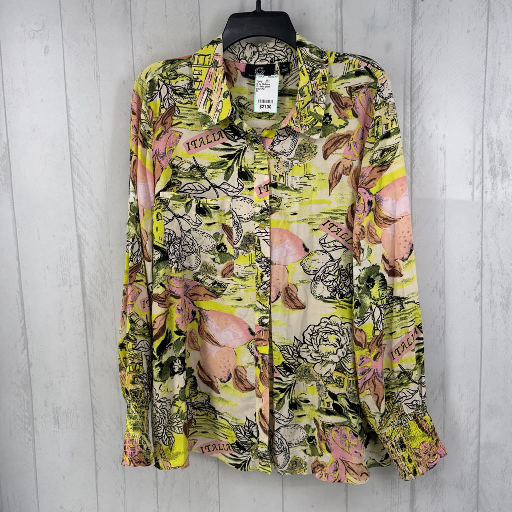 XL italia print button down l/s top