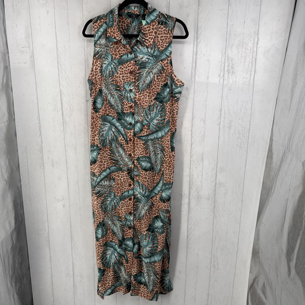XL animal/leaf print button down slvls dress