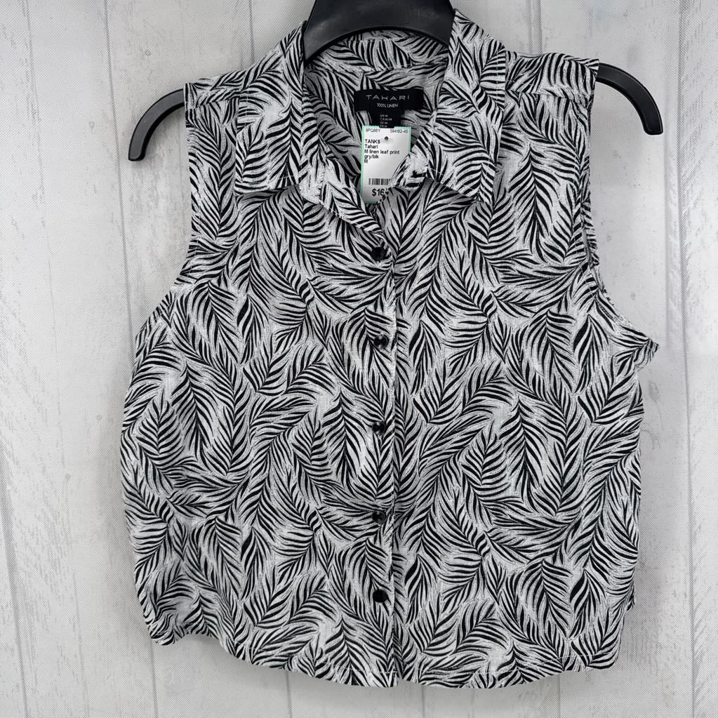 M linen leaf print button down tank