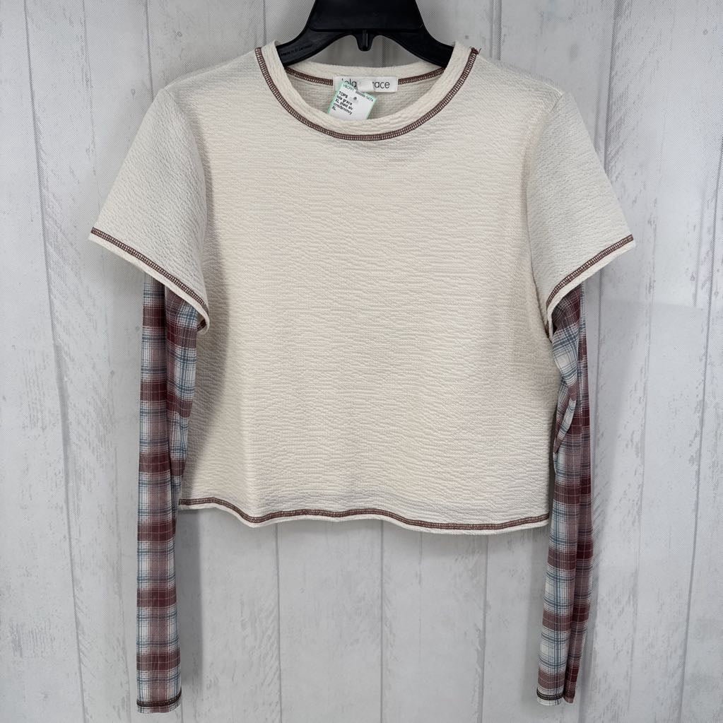 XL plaid slv textured top l/s