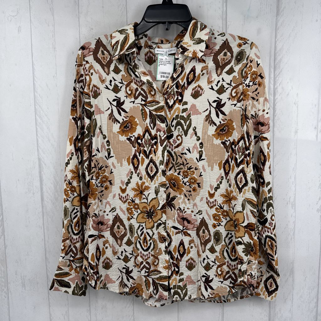 M flo print button down l/s top