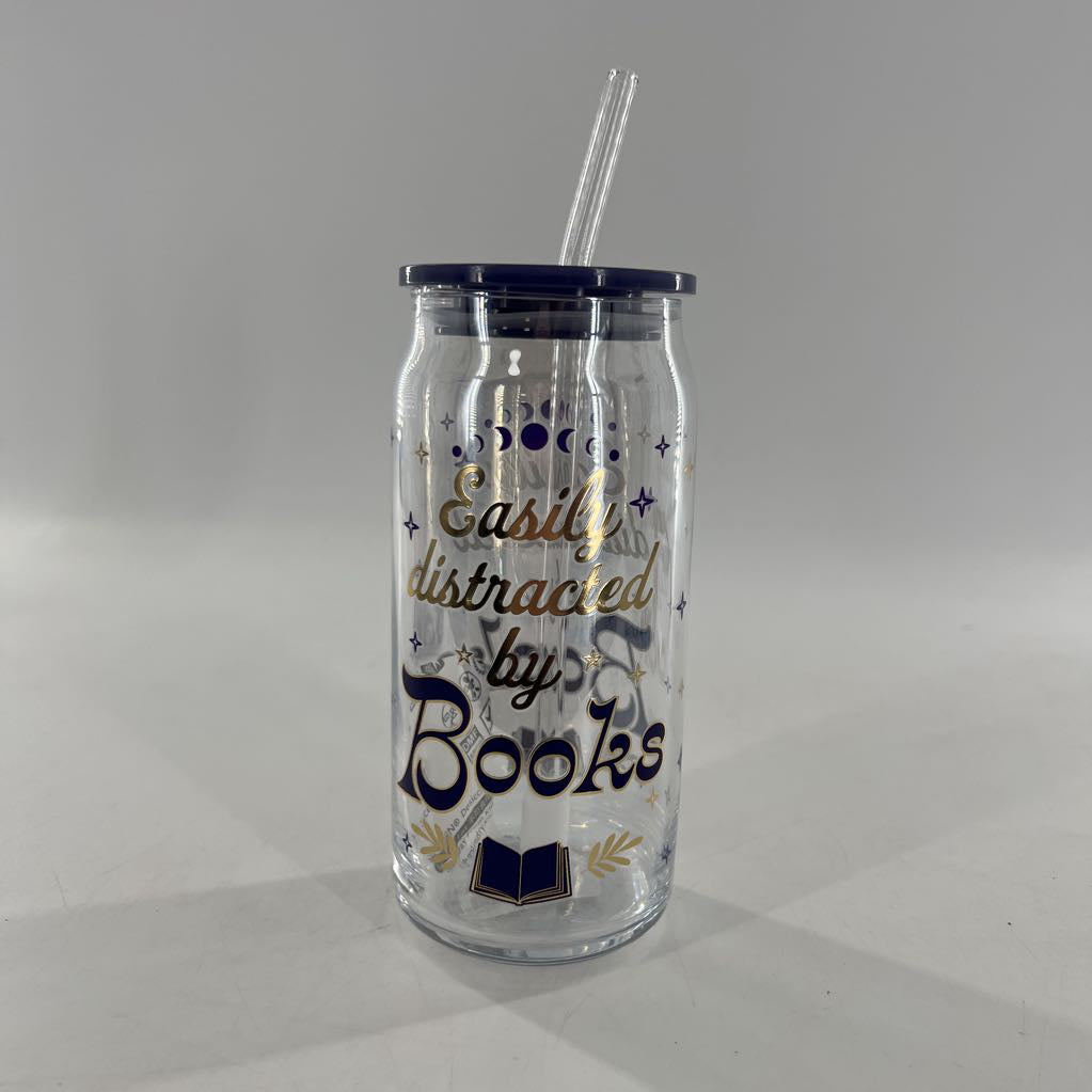 glass cup w/ lid & straw