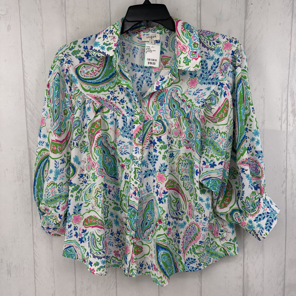 M paisley print button down 3/4 slv top