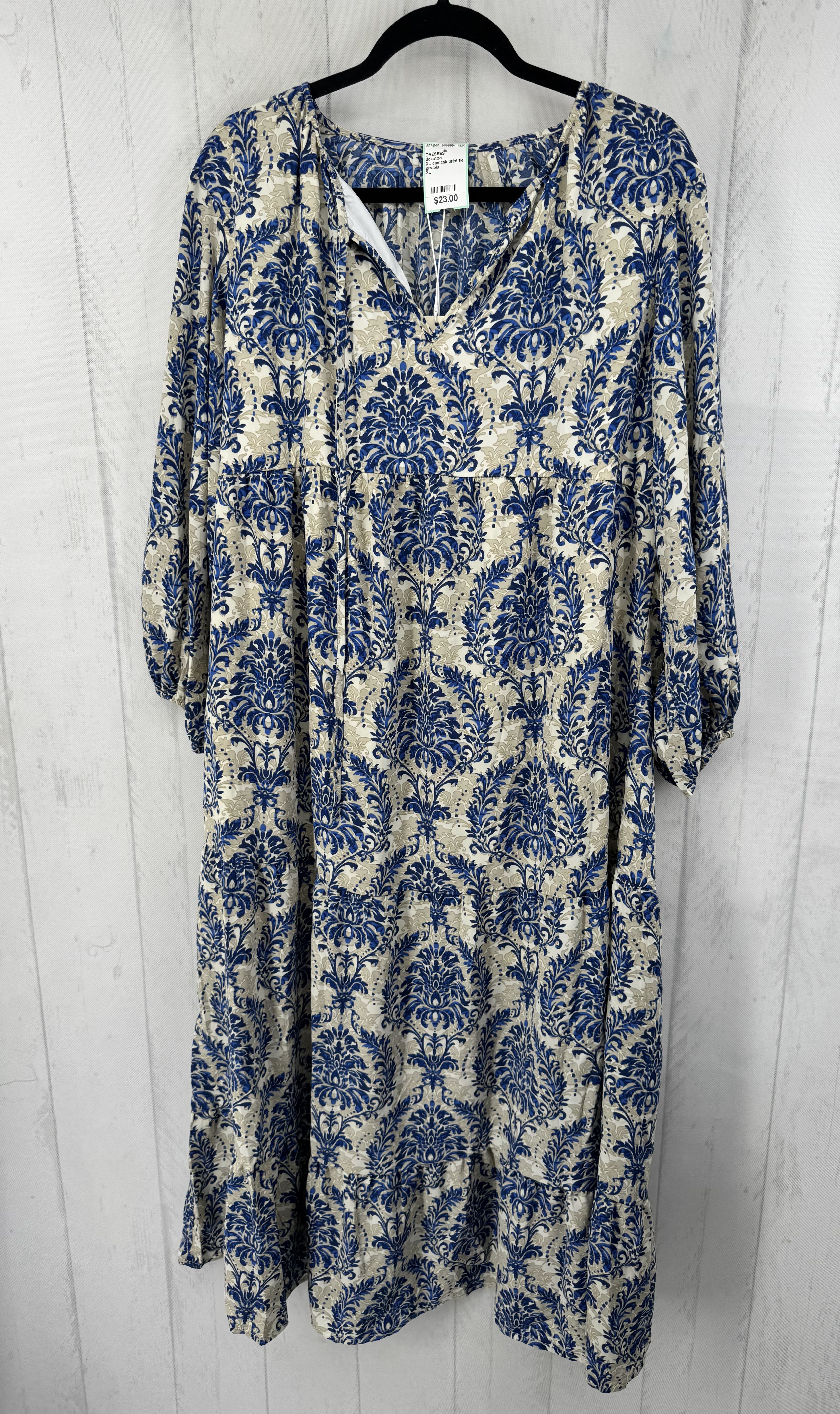 XL damask print tie front l/s dress