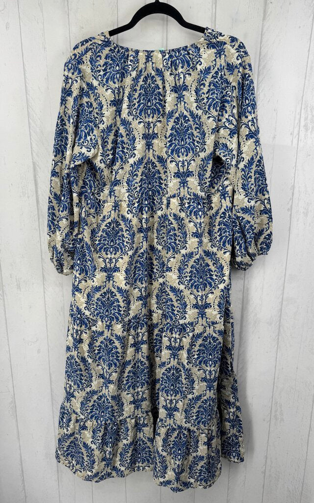 XL damask print tie front l/s dress