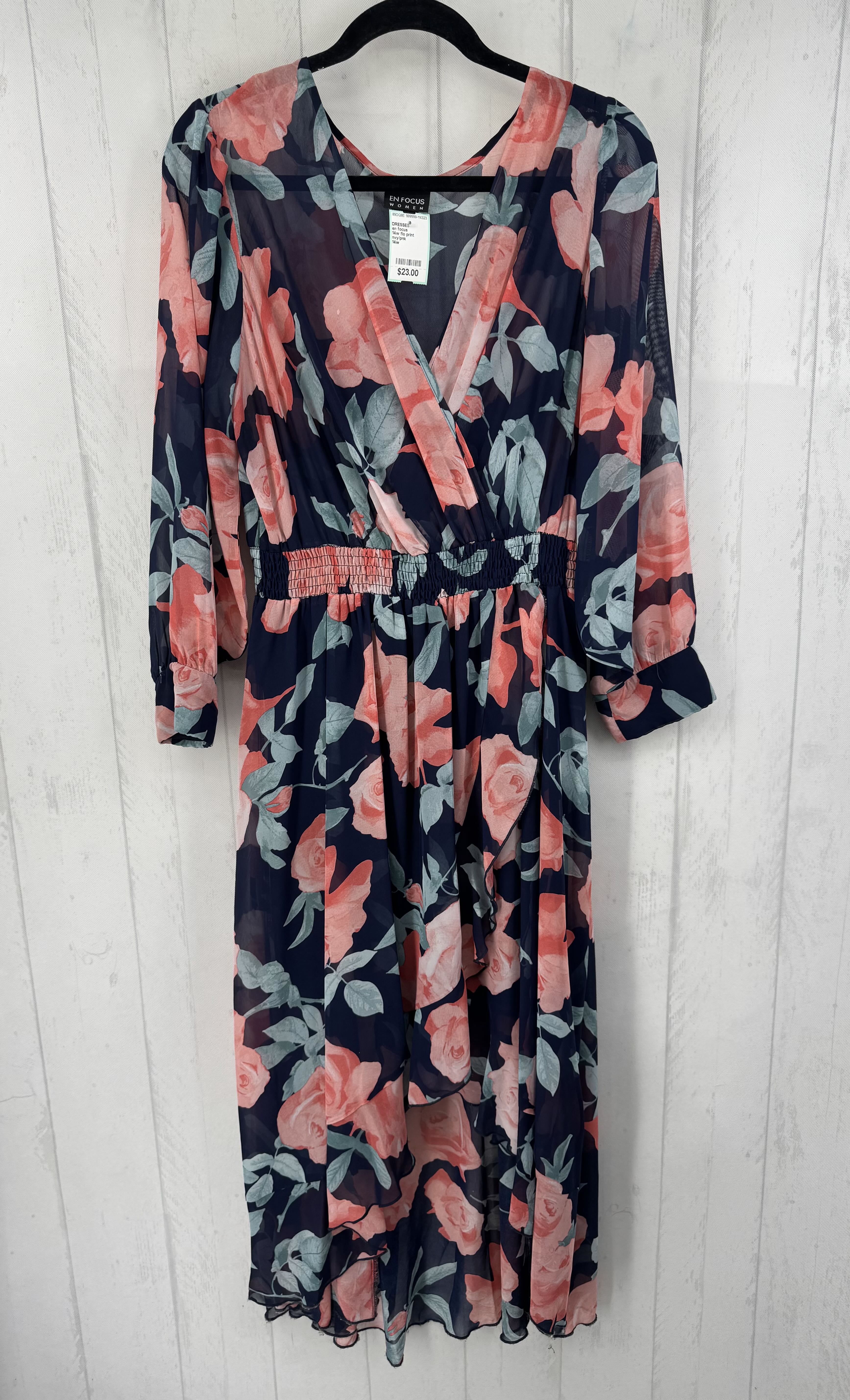 14w flo print crossover hi-lo l/s dress