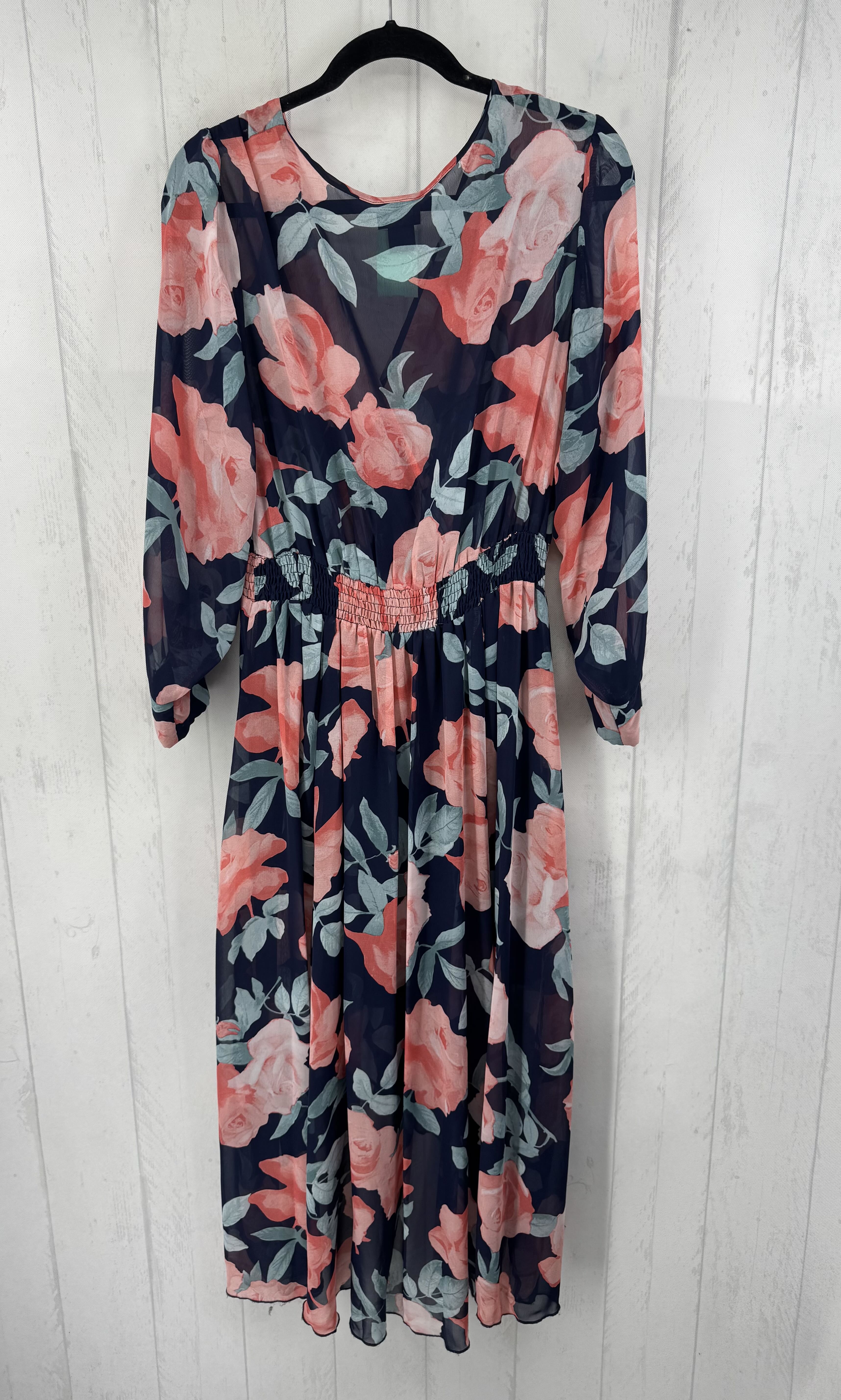 14w flo print crossover hi-lo l/s dress