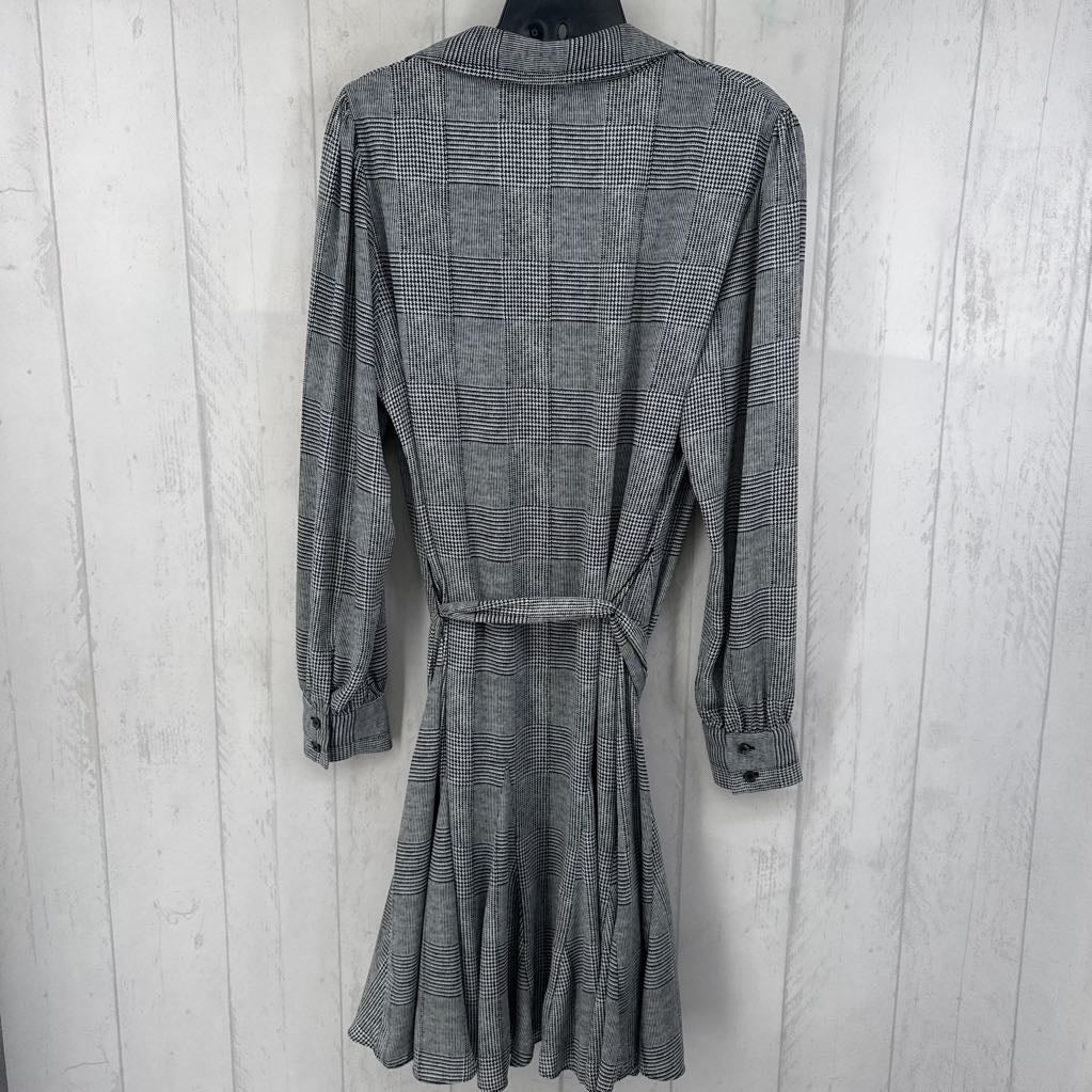 L houndstooth print belted l/s dress