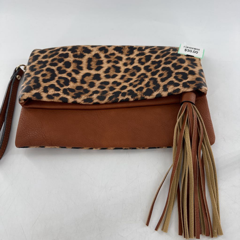 tassel animal print flap clutch/wristlet