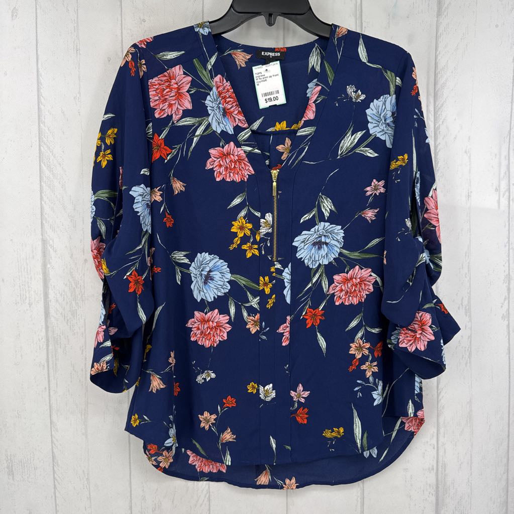 M flo print zip front tab slv top