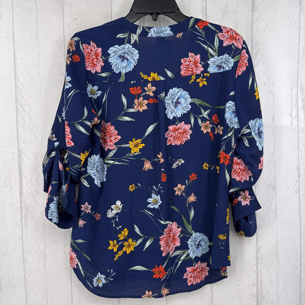 M flo print zip front tab slv top