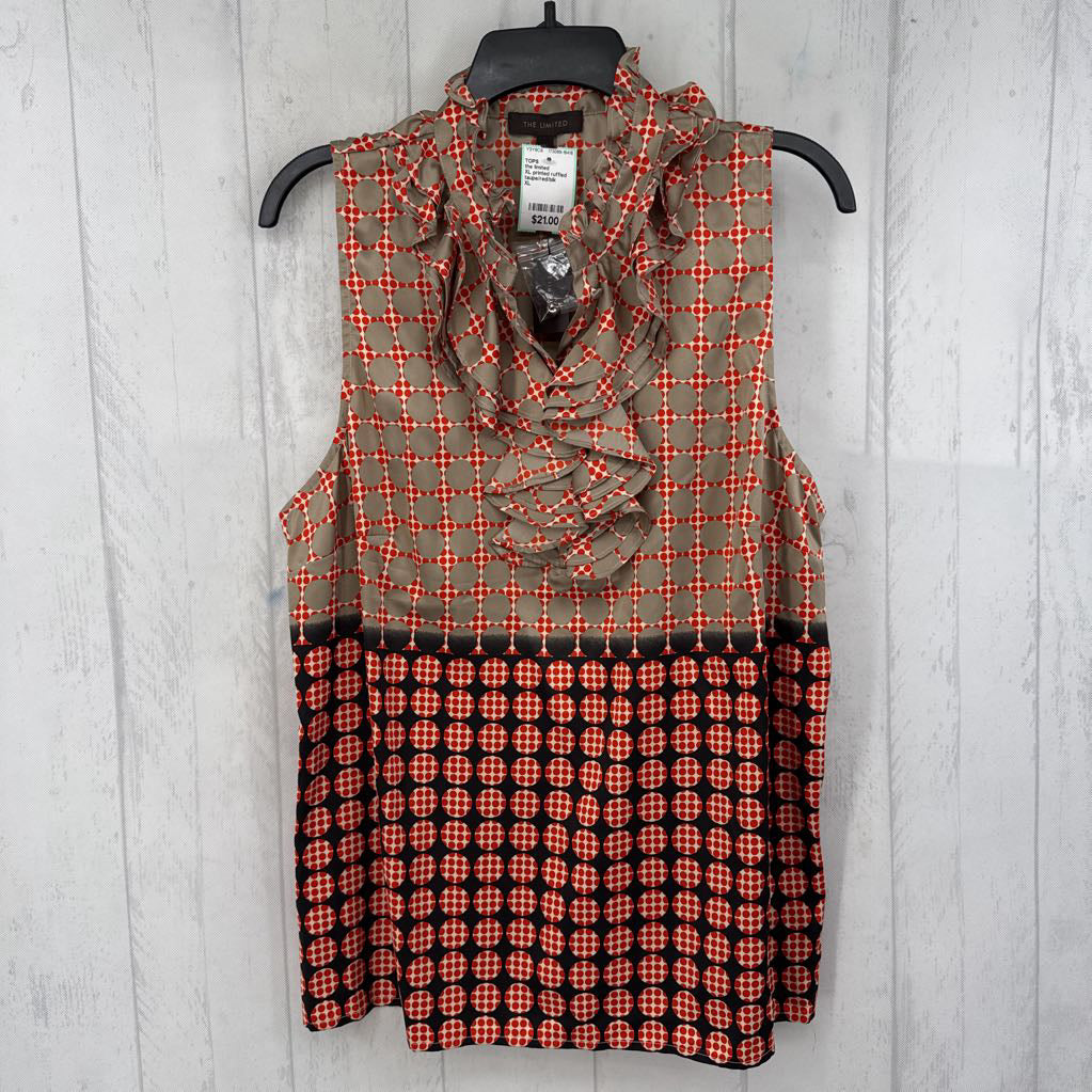 XL printed ruffled slvls top