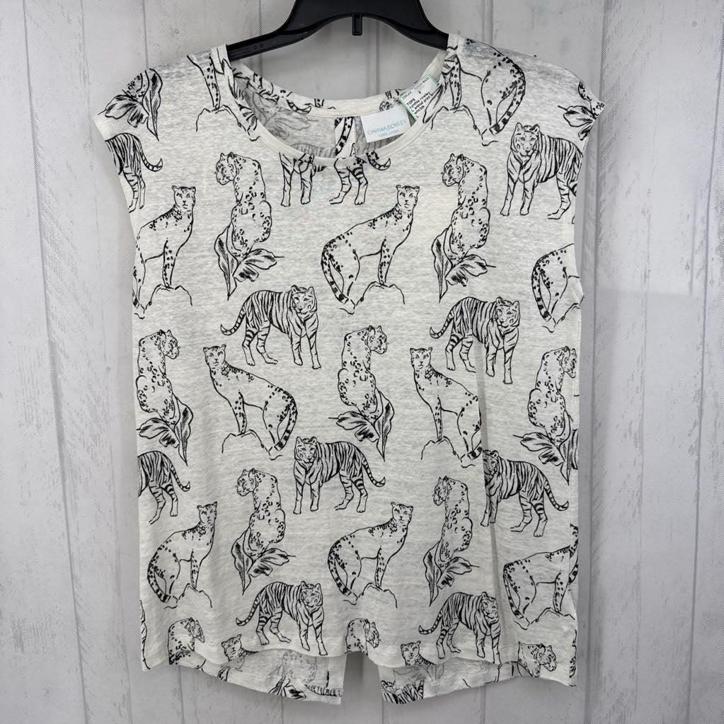 L animal print linen s/s top