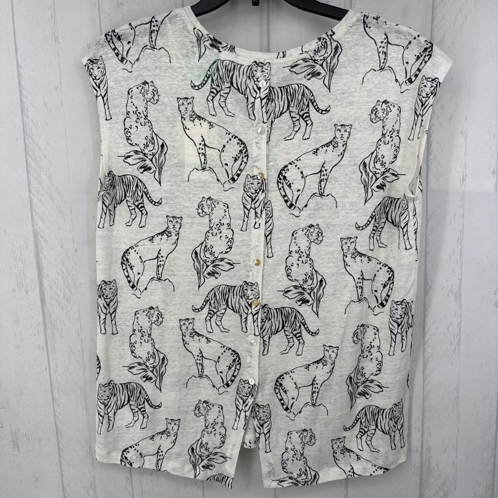 L animal print linen s/s top