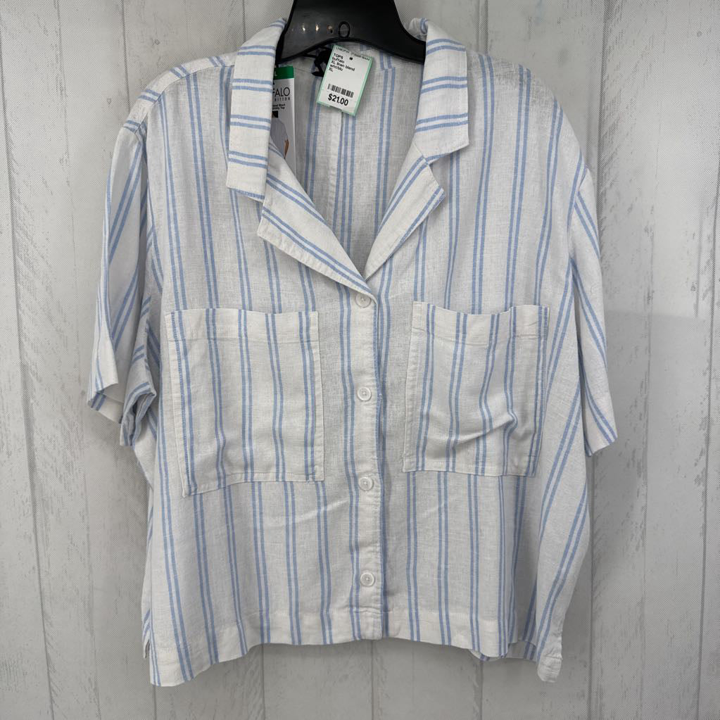 XL linen blend striped button down s/s top