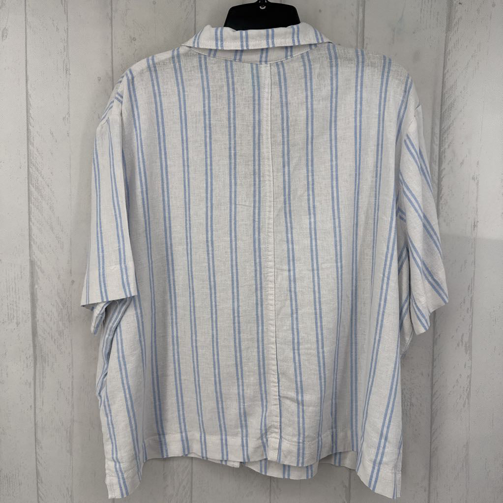 XL linen blend striped button down s/s top
