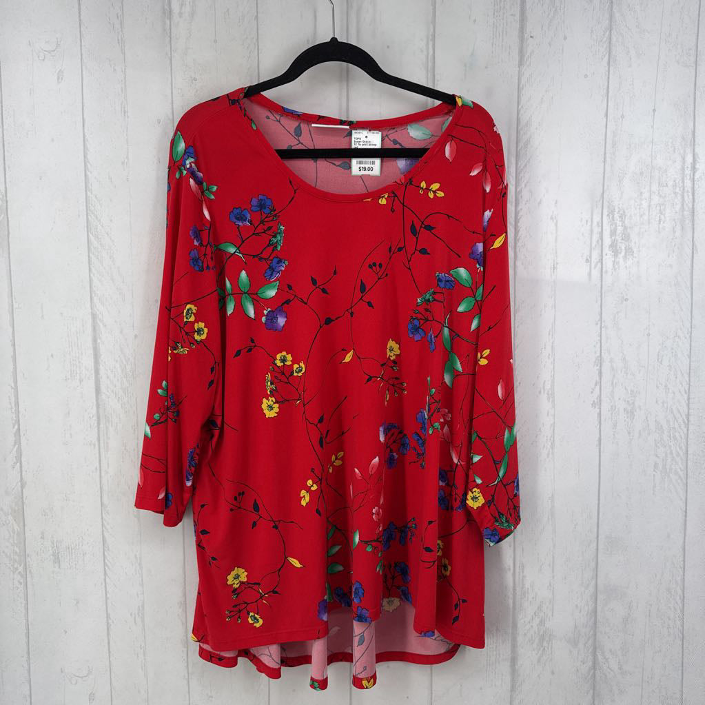3X flo print scoop neck 3/4 slv hi-lo top