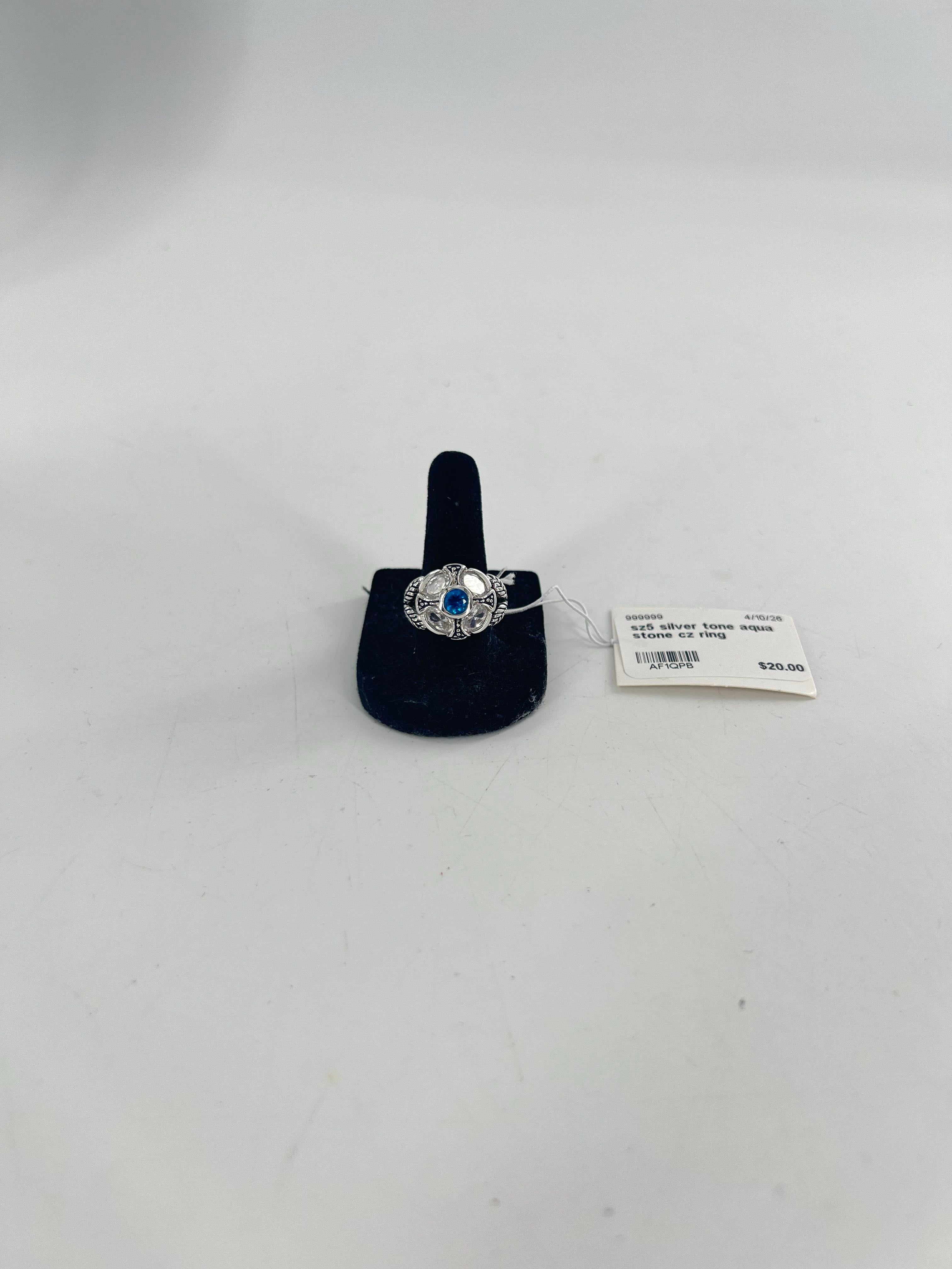 sz5 silver tone aqua stone cz ring