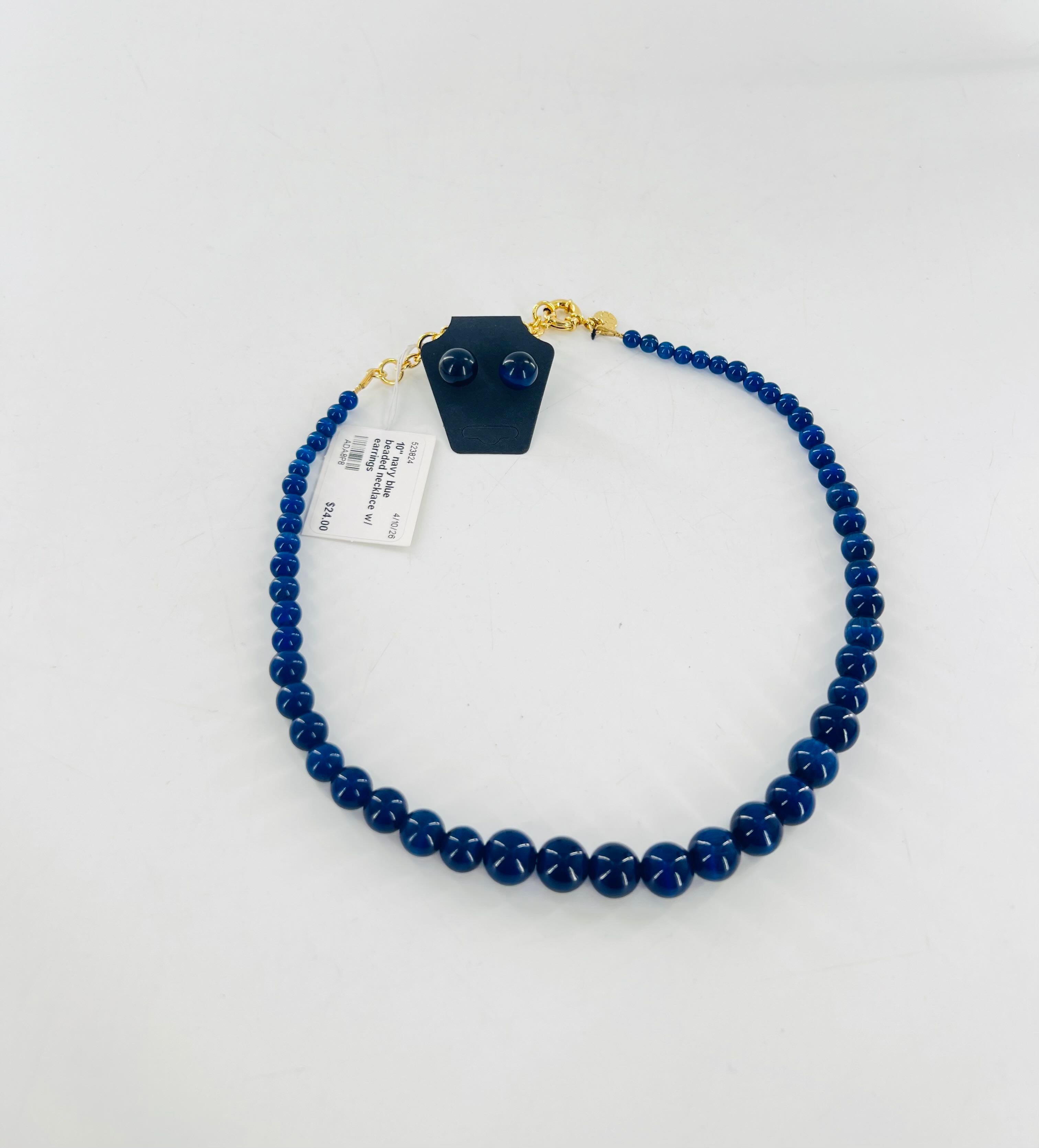 10" navy blue beaded necklace w/ earrings
