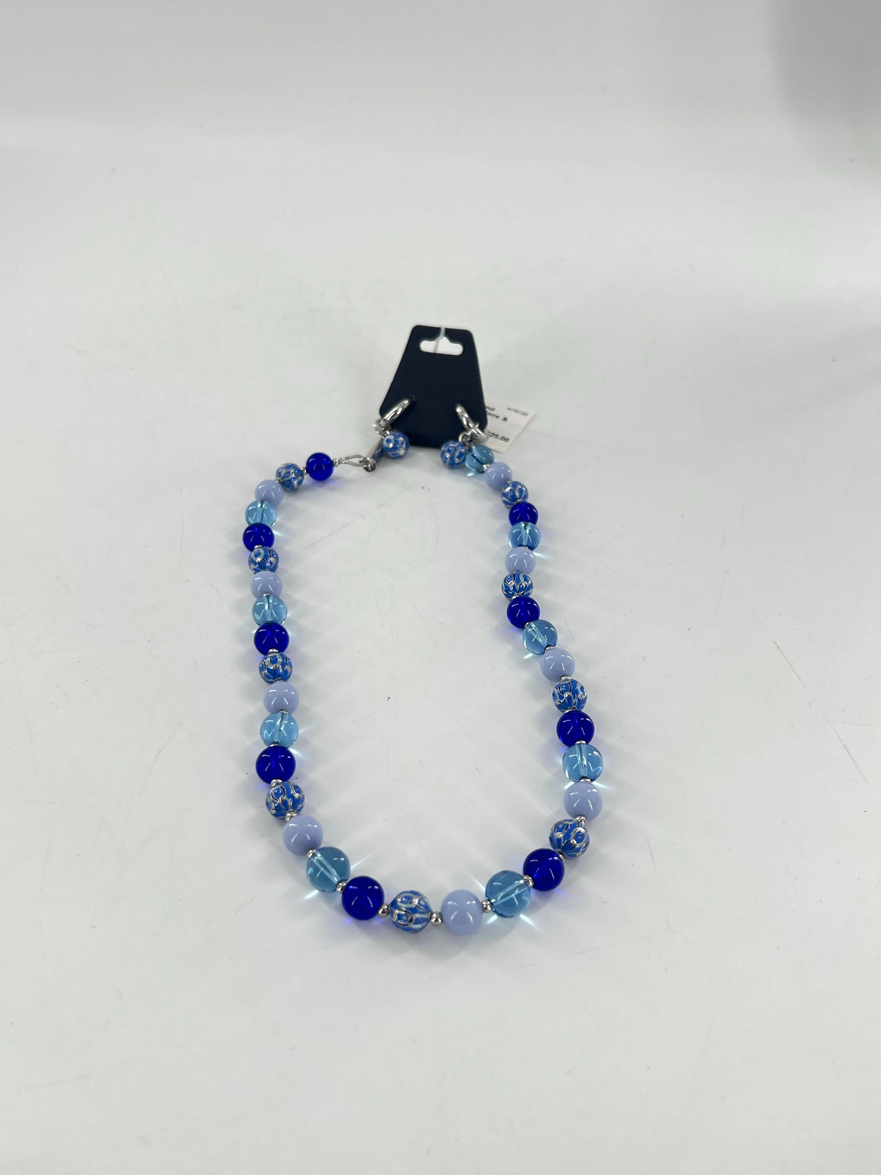 10" blue round beaded necklace & earrings