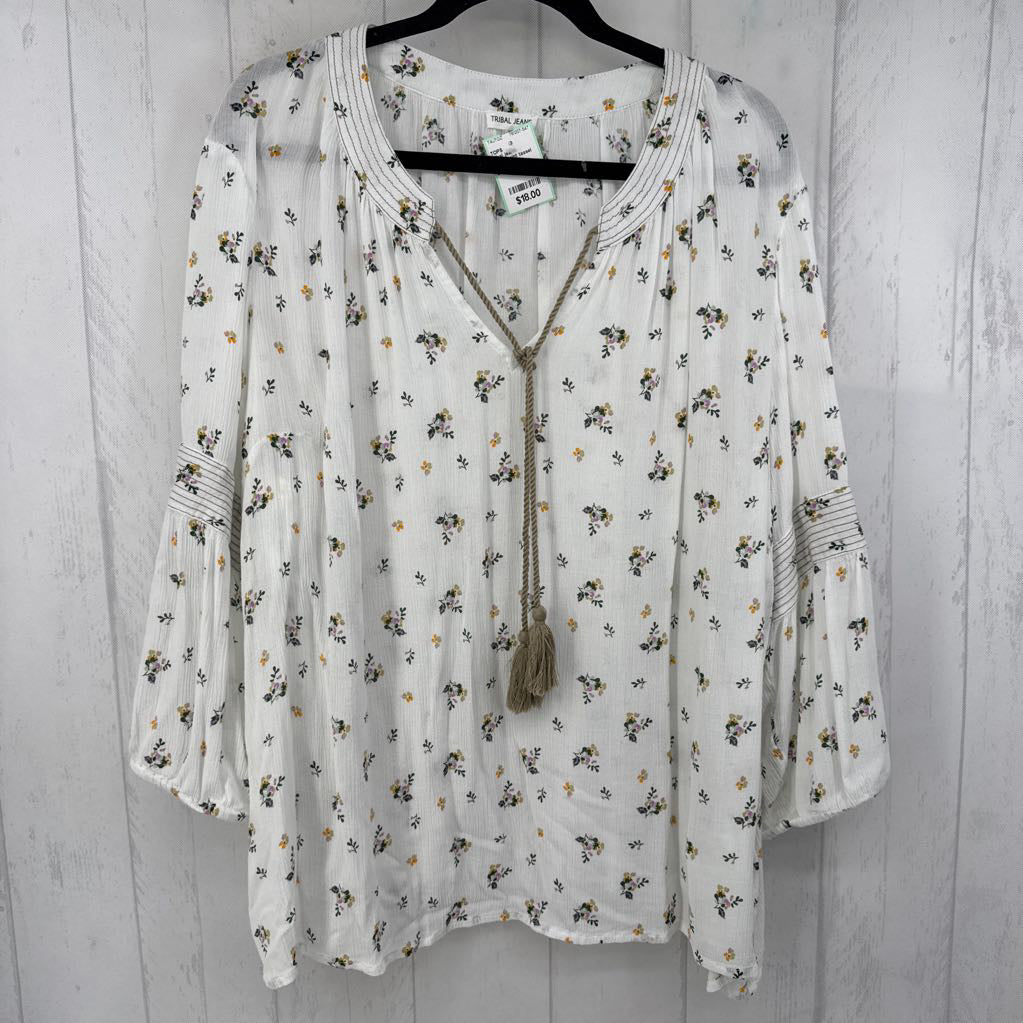 3X flo print tassel tie l/s top