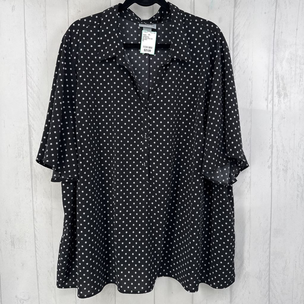3X star print 1/2 button down flutter slv top