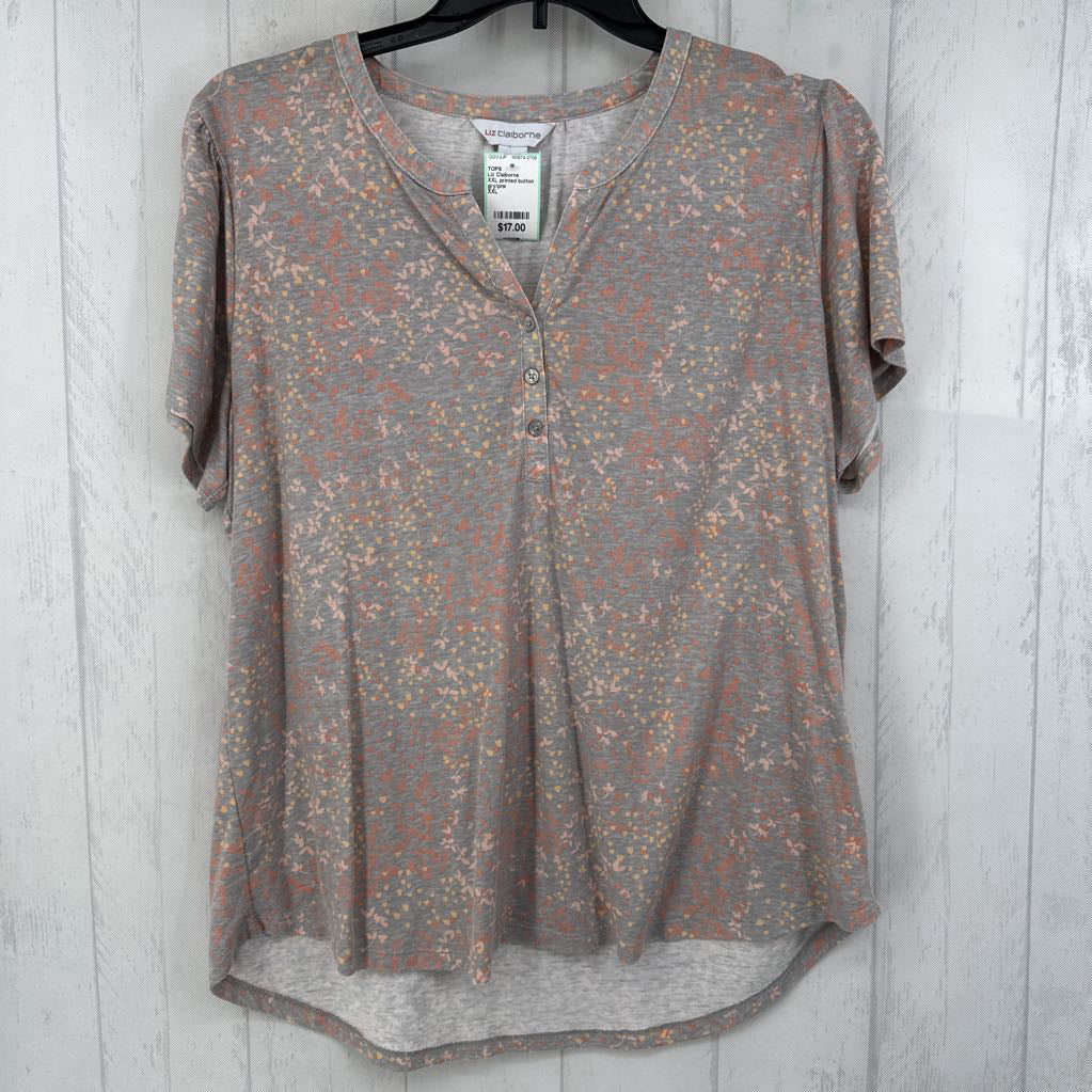 XXL printed button front v-neck s/s top