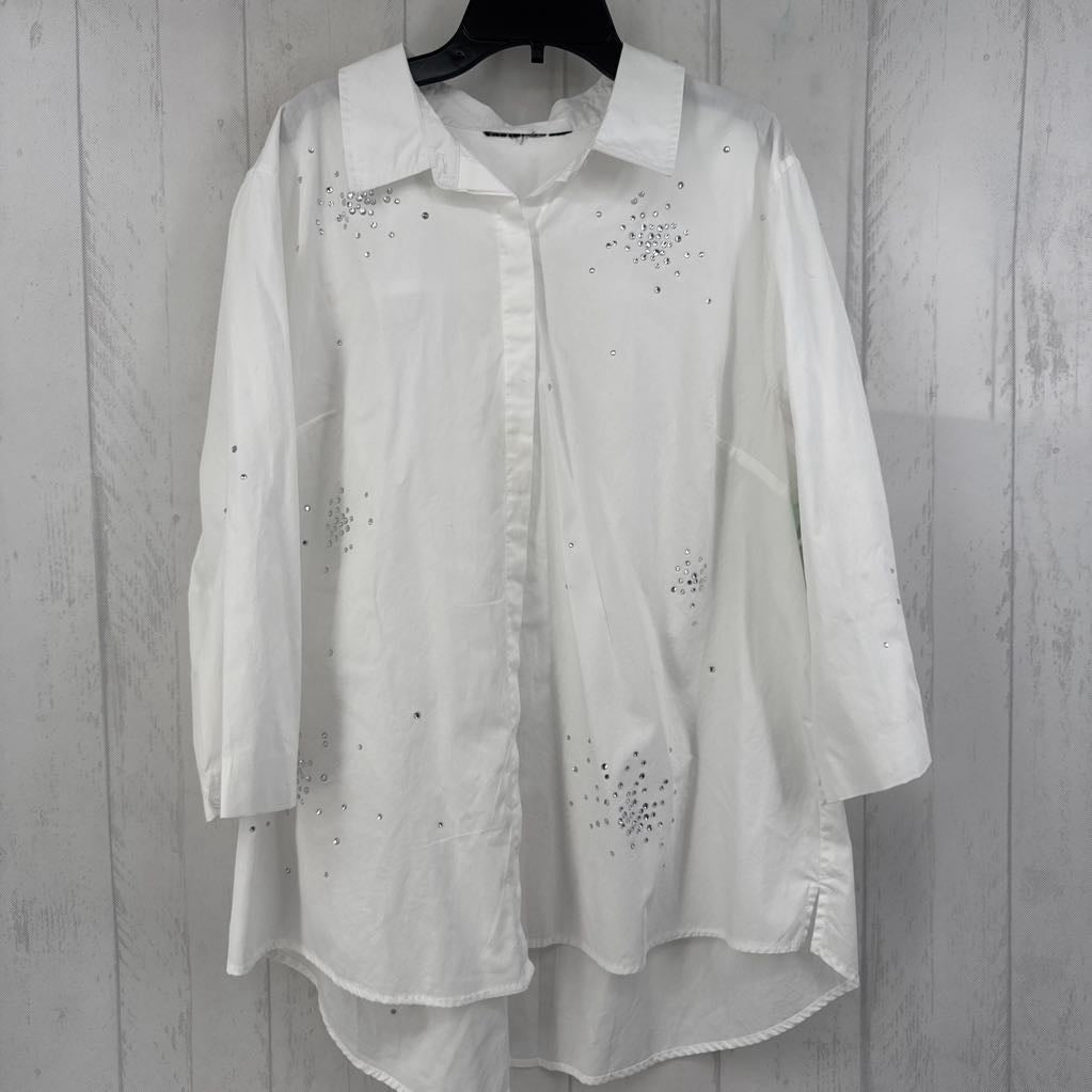 XL rhinestone embelished button down 3/4 slv top
