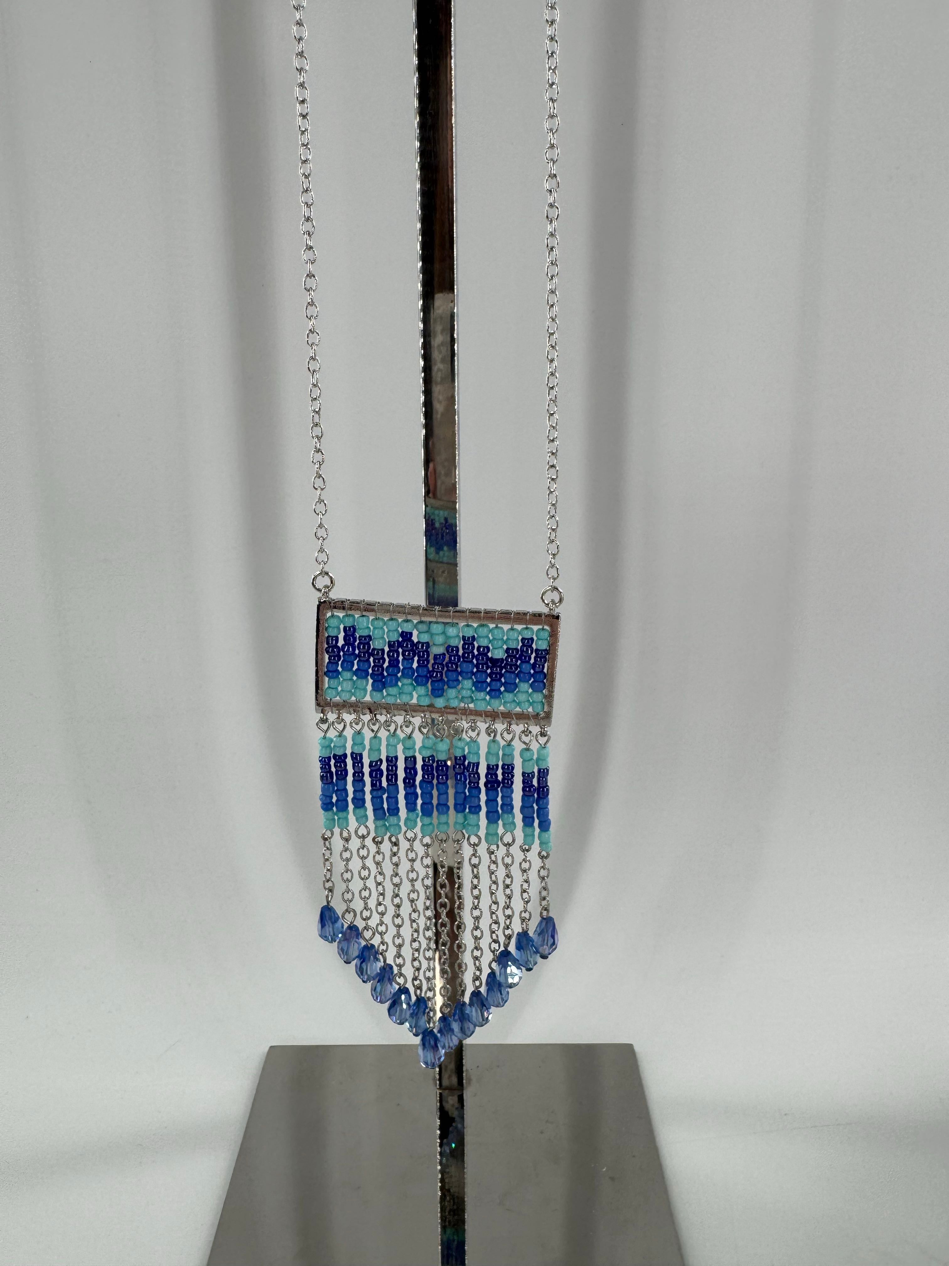silver tone blue beaded necklace